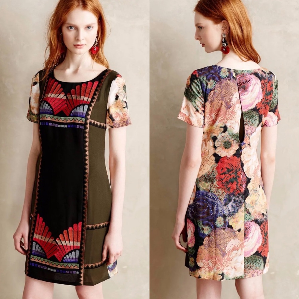 Anthropologie Fanned Vignette Shift Dress by Ranna Gill Size 4 Embroidered Multi